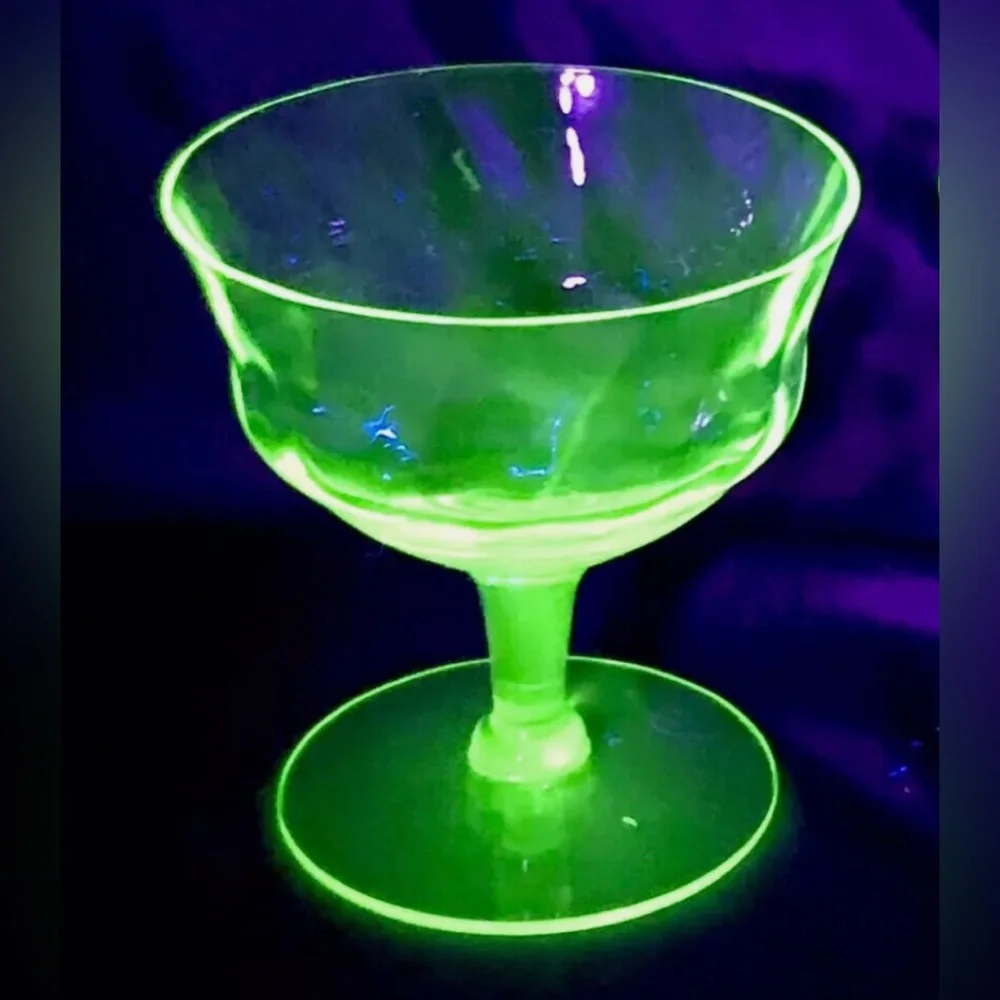 Tiffin Uranium Glass Champagne Coupe Pair Green UV Glow Vintage 1920s